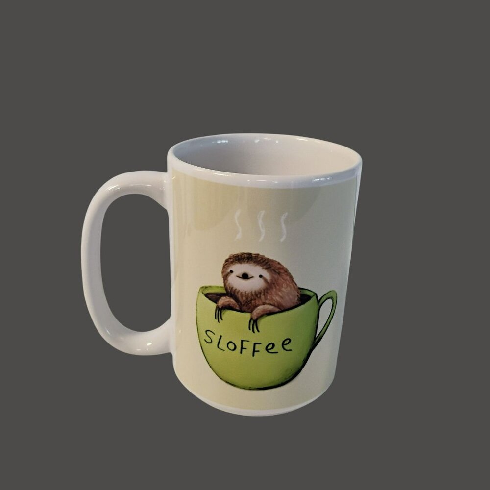 Sloth-Themed "Sloffee" Ceramic Mug By Society6, White With Green Cup Design - Picture 2 of 7